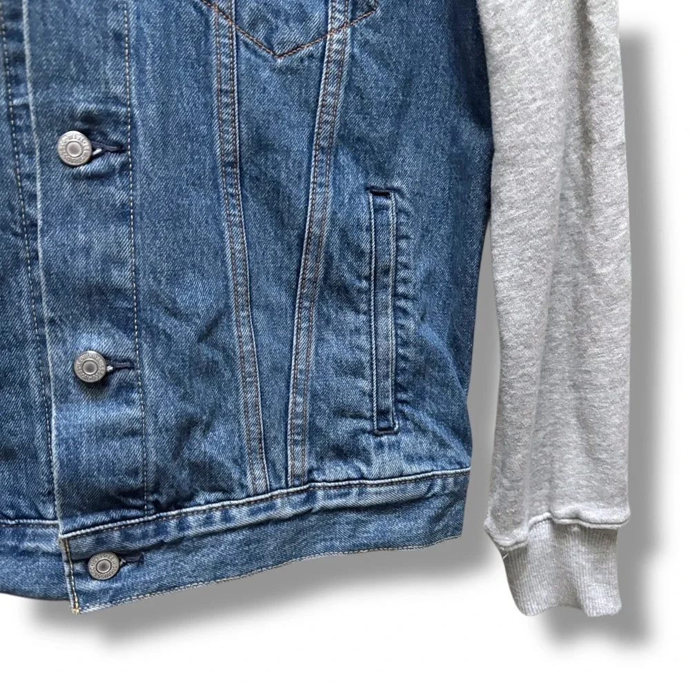 Levis Mens Hybrid Denim Trucker Jacket Grey Hooded Sweatshirt Blue Size M - Picture 4 of 11
